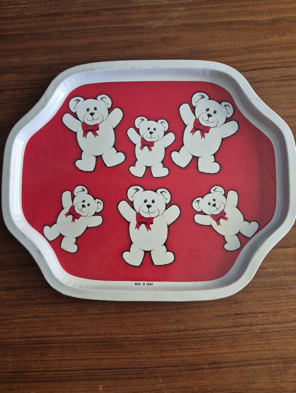 Cottagecore White Teddy Bear Red Tray